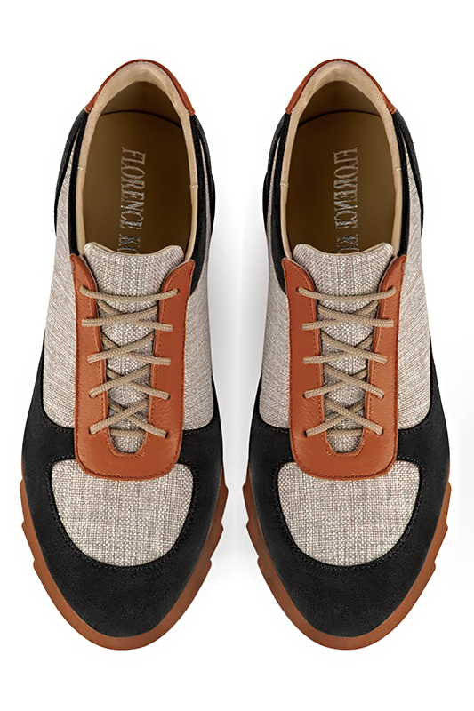 Matt black, natural beige and terracotta orange women's three-tone elegant sneakers. Round toe. Low rubber soles. Top view - Florence KOOIJMAN